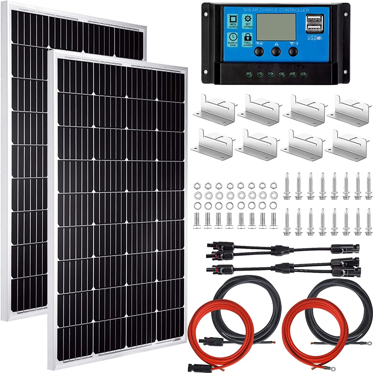 200 Watt 12/24V Solar Panel Kit for RV Boat Home: 2Pcs 100W Monocrystalline Solar Panel Grade a + 12/24V Solar Charge Controller + 16Ft &10Ft Solar Cable + Z-Brackets
